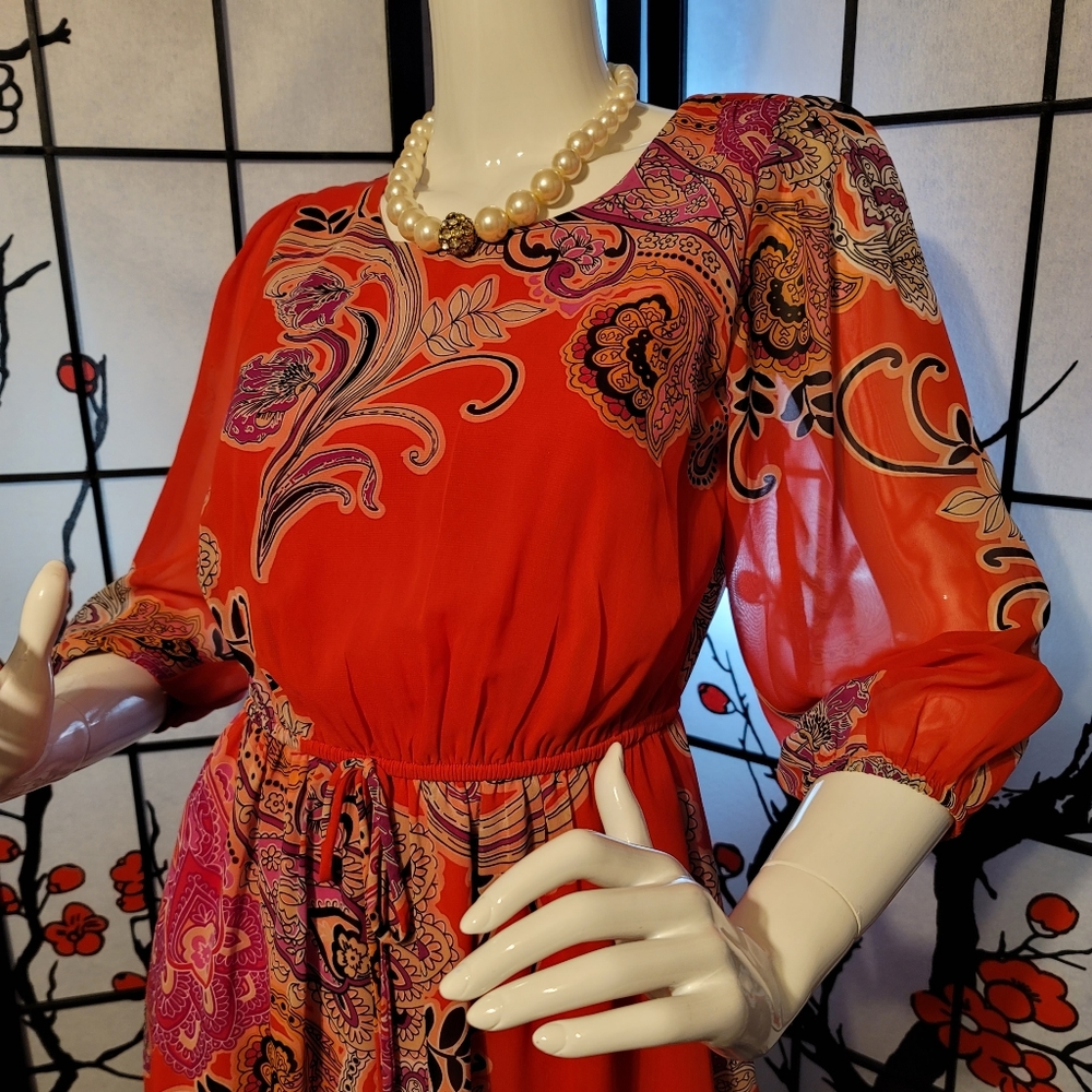 ENFOCUS STUDIO LADIES SHEER BLOUSON PAISLEY DRESS/ORANGE PAISLEY ART/SIZE 6P - Picture 4 of 12